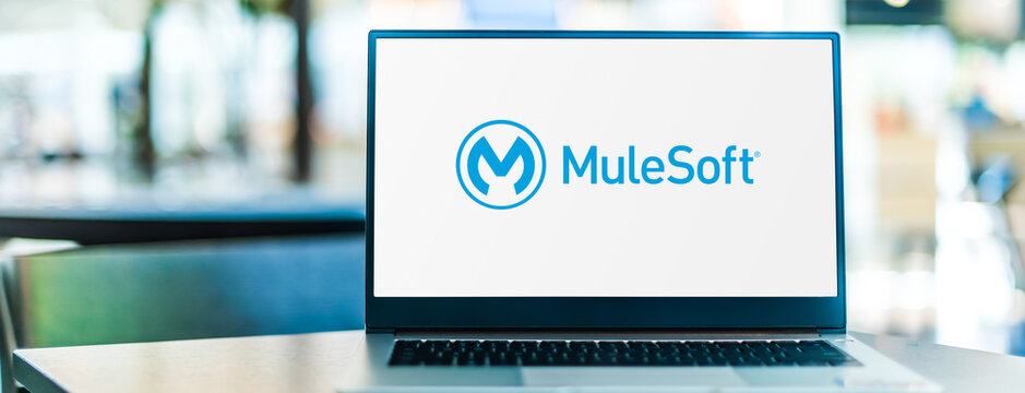 Laptop computer displaying logo of MuleSoft