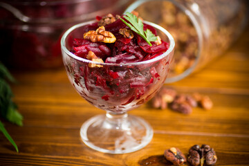 dietary salad of boiled beets with walnuts