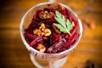 dietary salad of boiled beets with walnuts