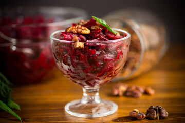 dietary salad of boiled beets with walnuts