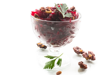 dietary salad of boiled beets with walnuts