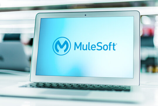 Laptop computer displaying logo of MuleSoft
