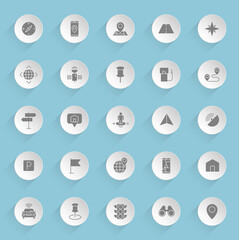 navigation vector icons on round puffy paper circles with transparent shadows on blue background. navigation stock vector icons for web, mobile and user interface design