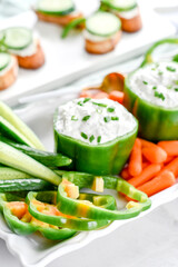 Vegetable crudite dip platter with peppers, cucumbers and carrots