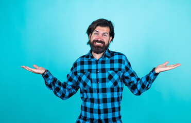 brutal bearded male with stylish look, happiness