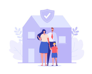 Family insurance. Concept of life insurance, protection of health and life of children with document of insurance for travel or vacation. Healthcare and medical service. Vector illustration in flat