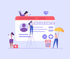 Medical insurance. Concept of health insurance and life insurance. Protection of health and life of people with document of insurance. Healthcare and medical service. Vector illustration in flat