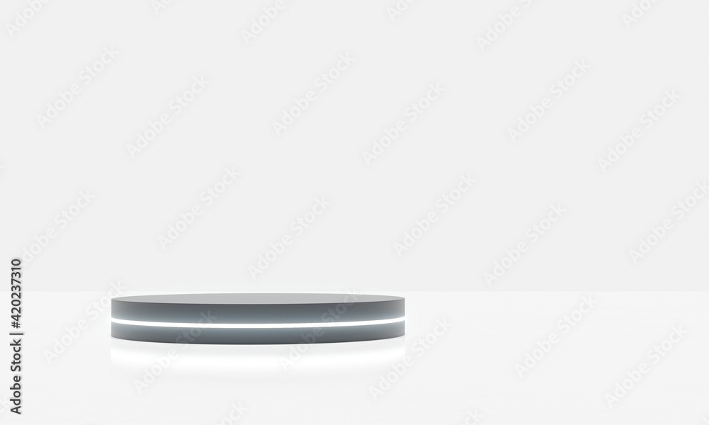 Poster 3d rendering of minimal black cylinder stand with glowing led light in empty white studio room and g