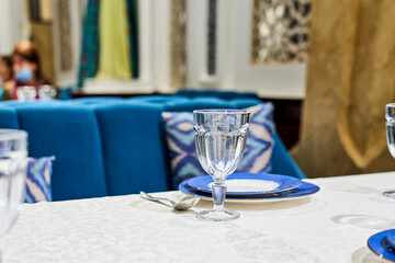 Served table in a restaurant. Close-up view of restaurant dishes on served table