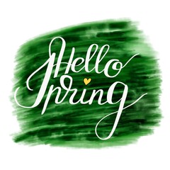 Hello spring lettering on green background