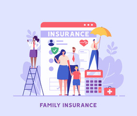 Family insurance. Concept of life insurance, protection of health and life of children with document of insurance for travel or vacation. Healthcare and medical service. Vector illustration in flat
