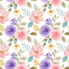 Seamless pattern of pink and purple roses with watercolor