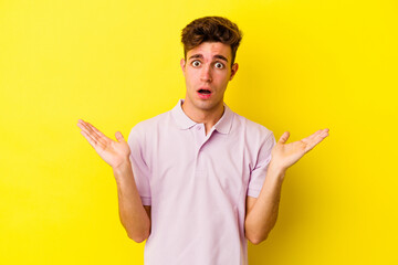 Young caucasian man isolated on yellow background surprised and shocked.