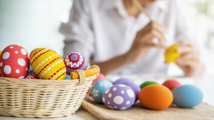 Easter eggs and Decoration on white desk with happy woman painting eggs background. Family preparing for Easter.