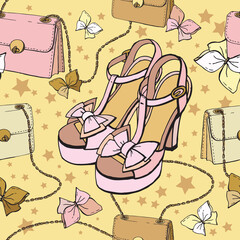 Fashion pattern with high heel shoes, bags, bows