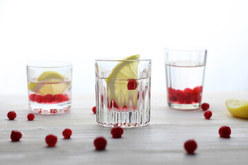 Short drinking glasses with cold vodka, lemon, cranberries on white background