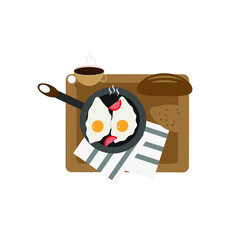 Breakfast . Illustration of a person with a cup of coffee. Rye bread. Eggs and tomato.