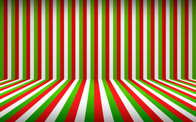 Abstract vertical striped red green white studio backdrop with empty space for your content or product picture. Empty christmas studio room background concept. Vector illustration