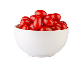 Fresh ripe cherry tomatoes in light bowl isolated on white background
