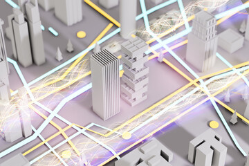 3D Render Of Abstract city. City plan, city square, streets and skyscrapers with neon traffic lights effect. Transportation, tube lines, roads