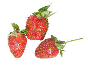 Three ripe strawberries on light background