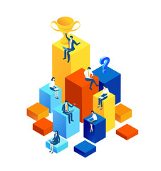 Isometric 3D business concept environment,  Business people, sit at cubes with trophy, working together. Developing applications, technical support, advisory and security idea