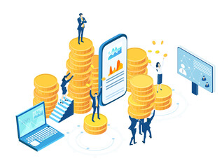 Isometric 3D business concept environment,  Business people, bankers working next to coin stacks. Developing banking application, technical support, advisory and security 