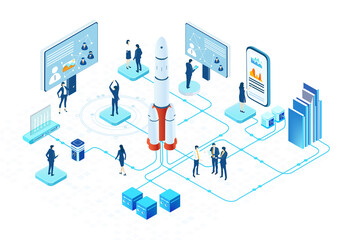 Isometric 3D business environment infographic. Business people work together next to rocket. Rocket is ready for start, technology, space technology, space industry, start up concept