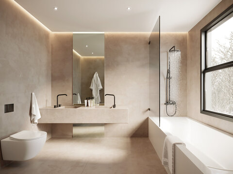 3d rendering of a beige minimal concrete bathroom with a bathtub a toilet and view to olive trees	

