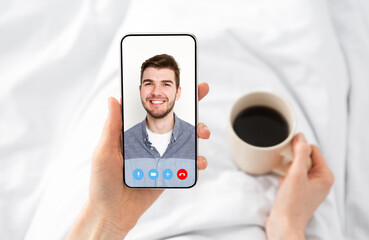 Unrecognizable woman using smartphone in bed for video call to boyfriend, collage