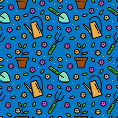 Seamless vector pattern for flower shop. Background of gardening, floriculture, and indoor plants. Pattern with elements: watering can, potted flower, florist tools. Vector icons. Growing flowers.