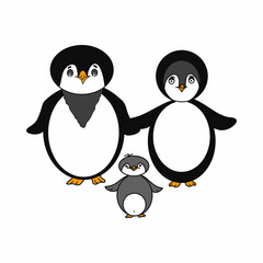 Penguins family illustration. Idea for decors, books, icons, gifts, ornaments, celebrations, invitation, greeting, winter holidays, home and children themes. Isolated vector.