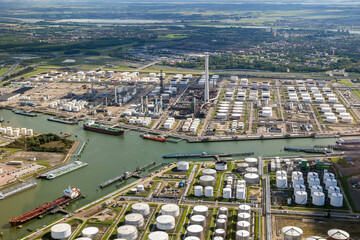 Aerial oil tankers storage terminal and oil refinery.