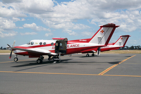 The Royal Flying Doctor Service Beech B200 Super King Air airplane at Mackay Airport, Queensland