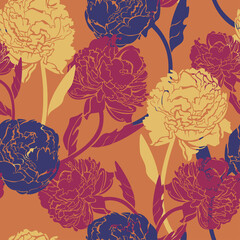 Vector seamless pattern with peonies on orange background. Exuberant blossom design.