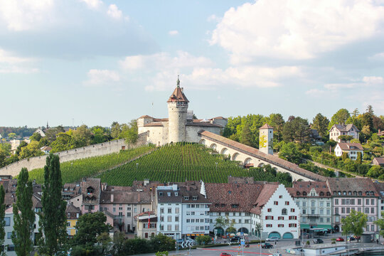 Schaffhausen, Switzerland. Munot fortress overlooks the river rhin and the village of Schaffhausen surrounded by vineyards