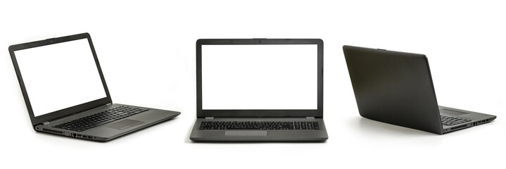 Laptop computer with white screen and keyboard angle, front and rear view. Each shot is taken separately