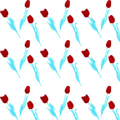Pattern. Red tulips on a white background. Factory textiles. Blue. Vector. 