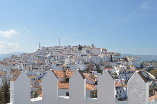 Battlements on a fortified wall in Comares town a sunny day
