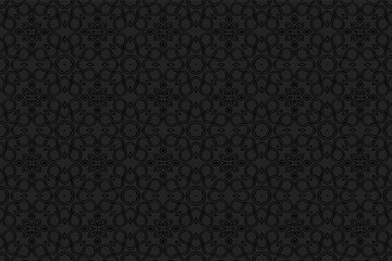 Volumetric composition with 3D effect of a convex shape. Black geometric background with openwork embossed lines, decorative figures. Ethnic ornament for presentations, business cards.