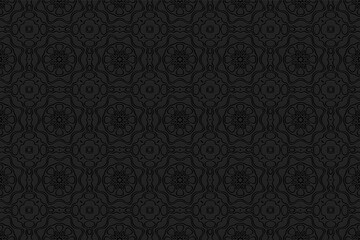 Volumetric composition with 3D effect of a convex shape. Black geometric background with ethnic unique pattern in oriental style.