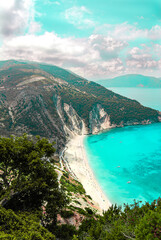 Myrtos beach on the Ionian island of Kefalonia, Greece, with calm, turquoise sea