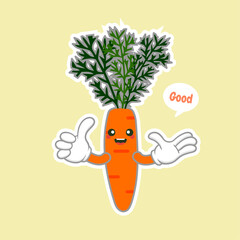 Carrot cartoon character isolated on color background. Healthy food funny mascot vector illustration in flat design. food, vegan, vegetarian, and vegetable concept.Orange carrot logo icon