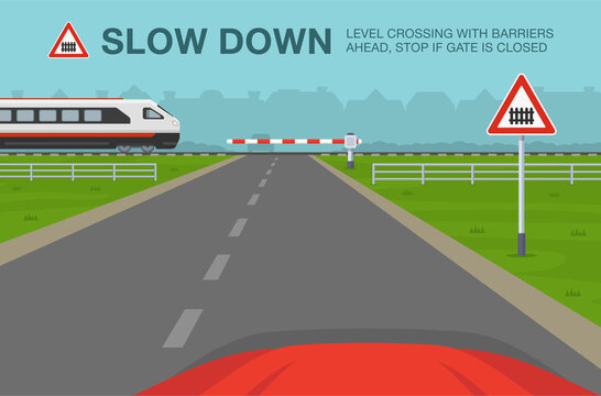 Driving a car. Car is reaching the railroad cross while express passenger train is approaching. Level crossing with barriers ahead warning sign meaning. Flat vector illustration template.