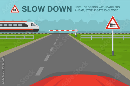 Driving A Car Car Is Reaching The Railroad Cross While Express Passenger Train Is Approaching Level Crossing With Barriers Ahead Warning Sign Meaning Flat Vector Illustration Template Ahead Wall Mural Ahe Flatvectors