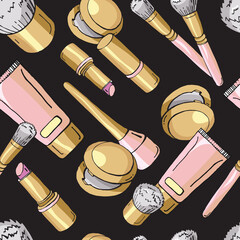 Seamless pattern with cosmetics and makeup brushes