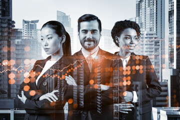 Group of business colleagues in suits as a part of multinational corporate team working on forecasting trading corporate strategy at fund. Forex chart. Bangkok on background. Double exposure