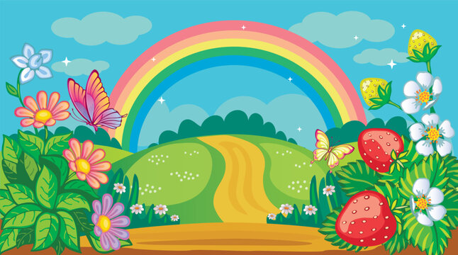 Fairytale background with flower meadow, road and rainbow. Countryside or farm. Fabulous forest landscape. Bush strawberries, daisies and butterflies. Magic nature. Children's illustration. Vector.