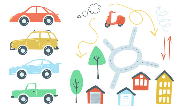 large set of urban elements flat simple cartoon style hand drawing. cars, roads, traffic lights. vector illustration
