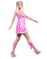 Beautiful woman in red short polka dot dress.